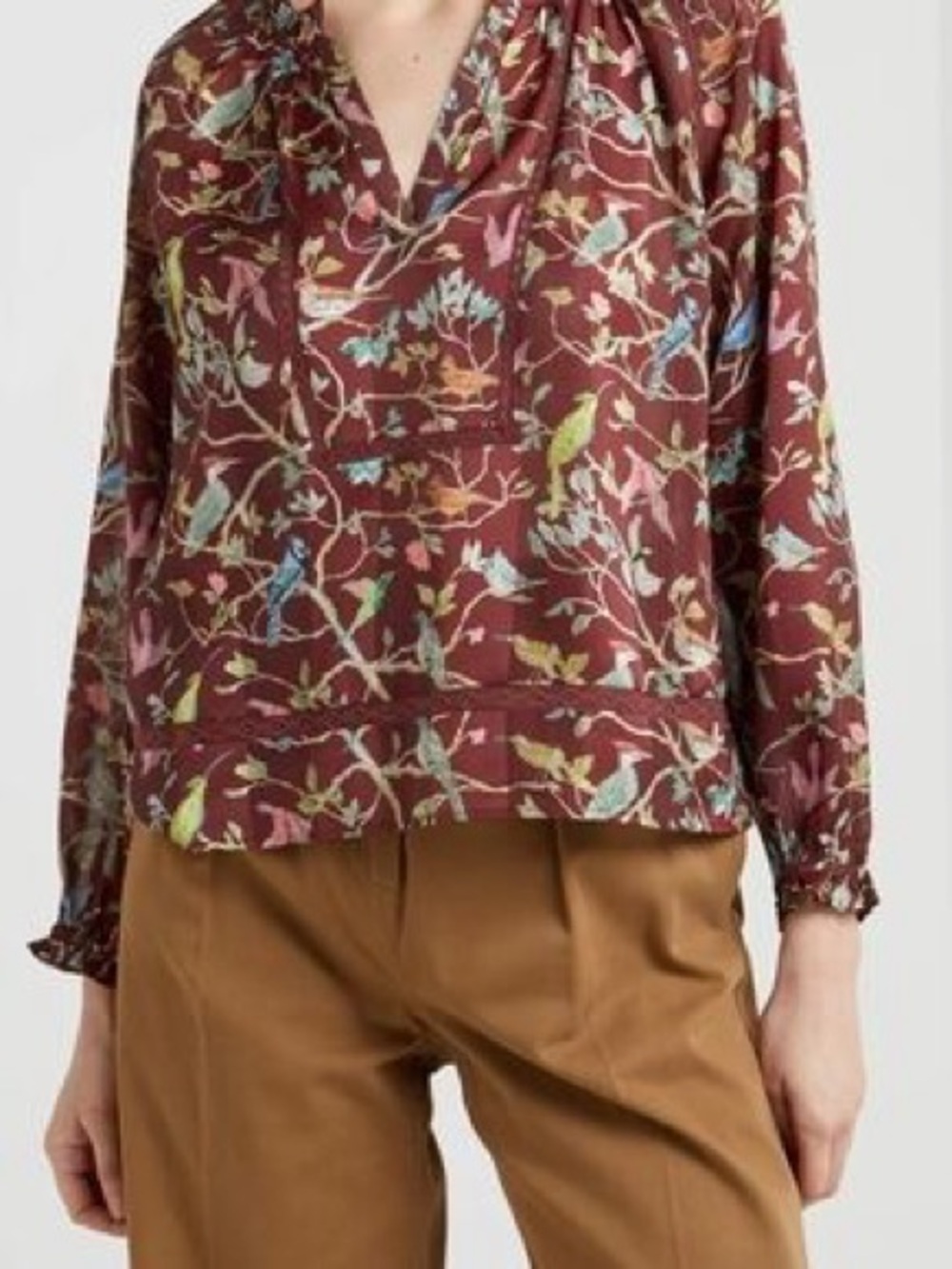 Point Sur V-Neck Maroon Bird & Floral Blouse